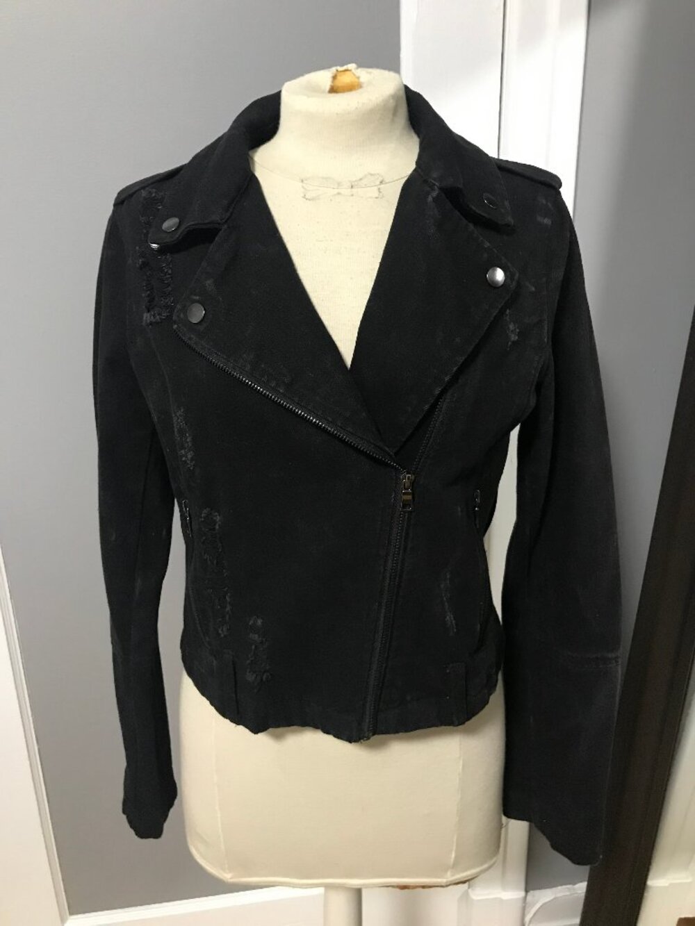 Goth Punk Rock Distressed Black Denim Moto Biker Jacket MEDIUM